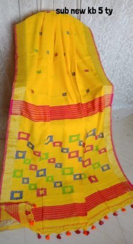 Ethnic Yellow Printed Handloom Jamdani Silk Party Wear Saree With Blouse Piece