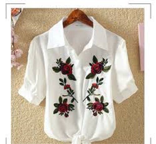 Printed 100 Percent Polyester Cotton And Stylish White Summer Embroidery Top For Women 