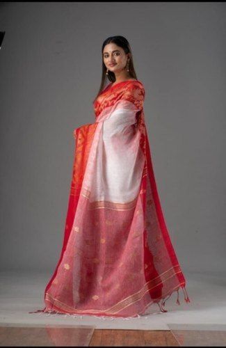 Cotton 6.3 Meter Red And White Linen Jamdani Saree With Blouse Piece For Festive Wear