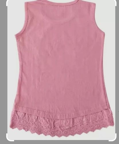 Girls Casual Wear Sleevelesss Round-Neck Pink Plain Dyed Top