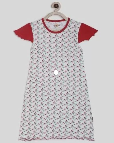 Girls Short Sleeves Round-Neck White And Red 100% Cotton Printed Dress Age Group: 3-7 Years