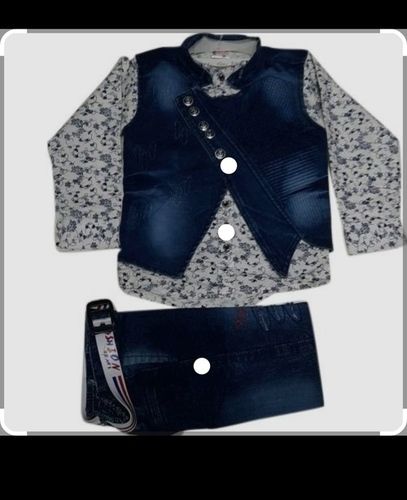 Kids Full Sleeves Cotton And Denim Printed Shirt And Jeans With Jacket