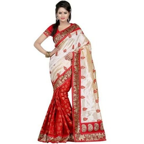 Printed Eye Catching Look Party Wear Fashionable Red And White Cotton Silk Ladies Saree