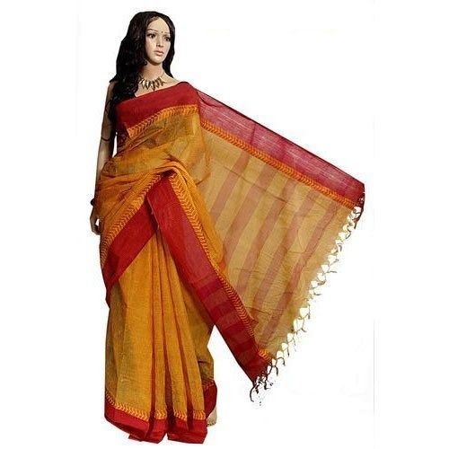 Organza Ladies Mustard Yellow Cotton Tant Saree With Red Border For Daily Wear