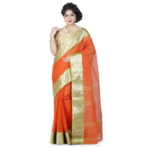 Daily Wear Ladies Orange Designer Printed Cotton Saree With Heavy Golden Border