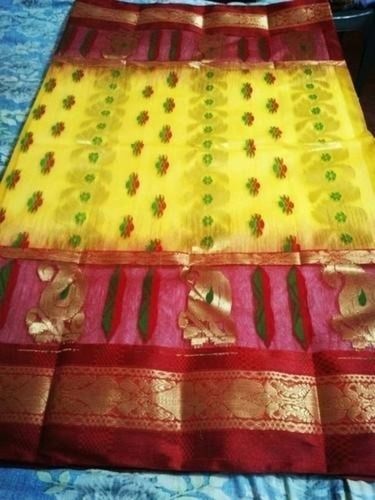 Party Wear Ladies Yellow Printed Cotton Silk Saree With Golden And Red Border