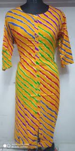 Multicolor Printed Cotton Kurti - Customized Size, 3/4 Sleeves With Floral Lace Detailing | Breathable, Quick Dry, Washable, Ideal For Casual And Formal Occasions