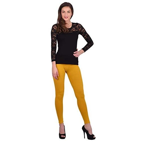 Women Relaxed Slim Fit And Stretchable Fancy Plain Yellow Cotton Leggings - Cotton, Plus Size, Yellow | Breathable, Quick Dry, Washable, Comfortable Waistband