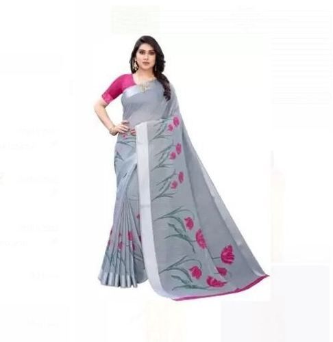 Cotton Women'S Grey Linen Printed Saree With Contrast Border For Daily Wear