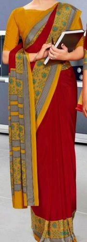 Indian Women Formal Look Casual Wear Lightweight Printed Yellow Border Red Saree