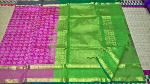 Party Wear Machine- Washable, Wrinkle-Free, Super Finishing Pink And Green Silk Cotton Saree