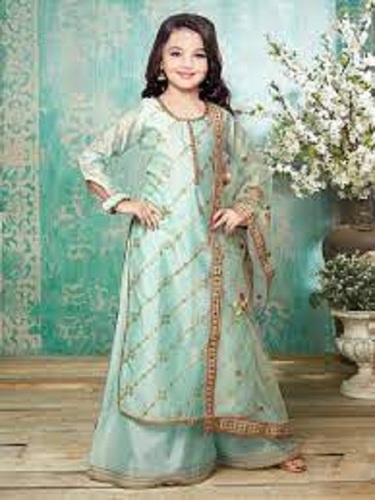 Lite Green Fancy And Party Wear Round Neck Full Sleeves Printed Silk Suit For Girls 4-7 Bust Size: 20 Inch (In)