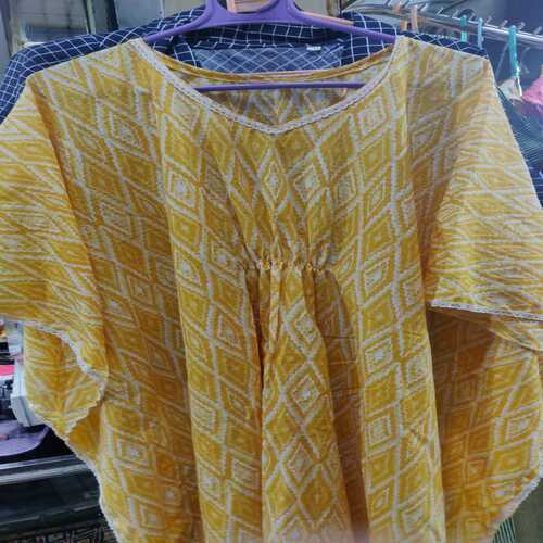 Indian Ladies Stylish And Perfect For Summer Yellow Hand Block Dyed Chiffon Kaftan