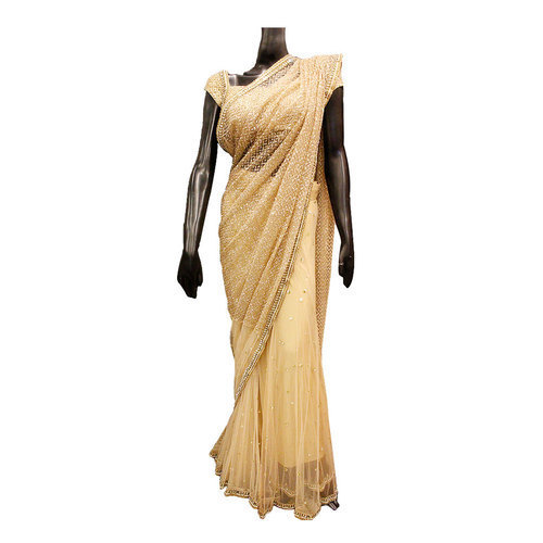 Summer Women Breathable Stylish And Beautiful Look Golden Net Saree For Party Wear
