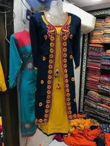 Women Round Neck 3/4 Sleeves Comfortable Soft Ladies Yellow And Blue Kurti 