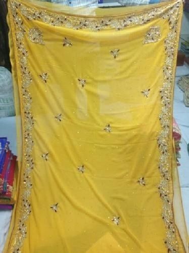 Summer Yellow Color Georgette Stone Work Fancy Ladies Saree For Party Wear