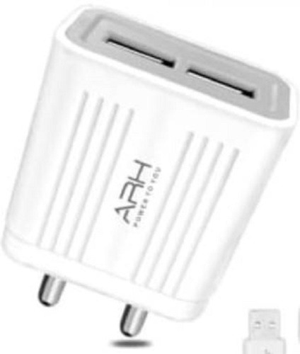 Fast Charging Light Weight And Durable Heat Resistance Two USB Port White Mobile Phone Charger - Plastic Material, Long Cord , LED Light Indicator for Convenient Dual Device Charging