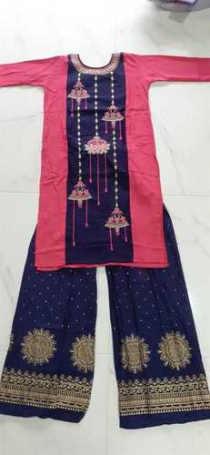 Indian Girl Full Sleeves Round-Neck Pink And Blue Rayon Embroidered Palazzo Suit