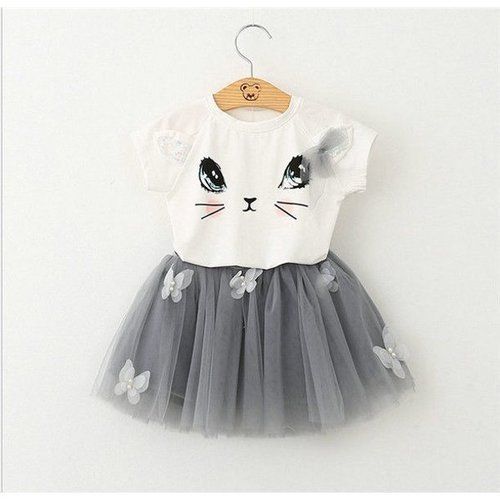 Grey And White Short Sleeves Party Wear Round Neck Dress For Girls Kids