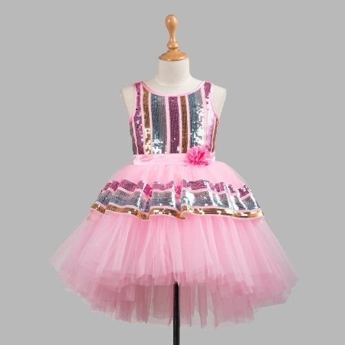 Kids Pink Balloon Net Sequined Sleeveless Round Neck Fit And Flare Frock Dress Age Group: 3-7