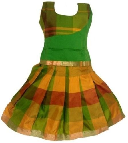 Kids Yellow And Green Check Printed Sleeveless Ethnic Wear Silk Lehenga Choli Age Group: 3-7