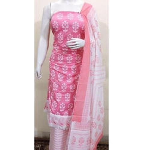 Washable Women Casual Wear Comfortable Printed Cotton Pink And White Unstitched Suit