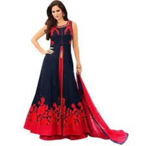 Long Dark Blue With Red Colour Combination Anarkali Style Long Dress Decoration Material: Ribbons