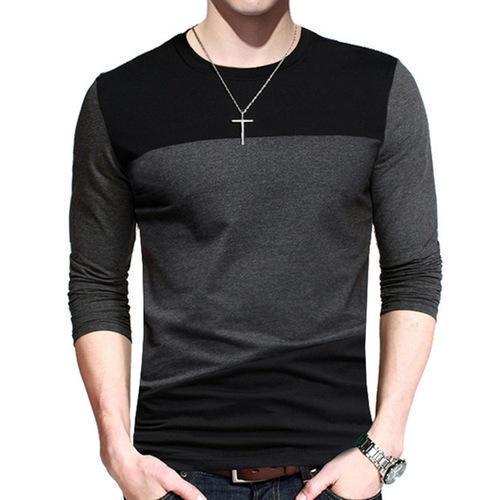 Men Full Sleeves Round Neck Causal Wear Plain Cotton Black And Grey T-Shirt Gender: Male