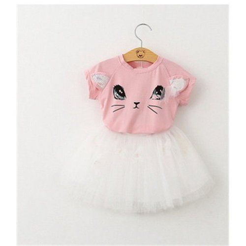 Pink And White Short Sleeves Cat Print Party Wear Round Neck Dress For Girls Kids