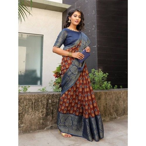 Cotton Silk Blue And Brown Color Printed Indian Ladies Saree With Blouse For Casual Wear