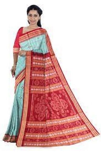 Blue And Red Color Printed Comfortable Breathable Cotton Ladies Saree For Daily Wear