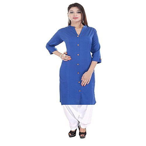 Breathable Designer Blue Color Plain Pattern Cotton Three Fourth Sleeves Daily Wear Kurti 