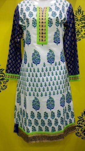 Anti Wrinkle Ladies Casual Long Sleeves Round-Neck Blue And White Cotton Printed Kurti