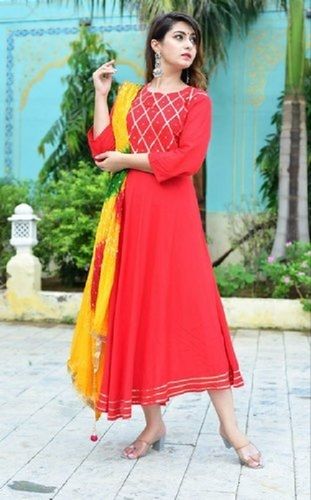 Indian Red Color 3/4 Sleeves Casual Wear Breathable Printed Cotton Ladies Suit 