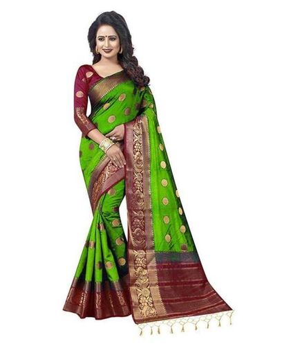 पार्टी और डेली वियर के लिए कॉटन सिल्क 100% प्योर डार्क रेड और ग्रीन प्रिंटेड साड़ी