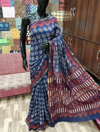 Ethnic Blue And White Color Dotted Printed Cotton Ladies Saree For Daily Wear