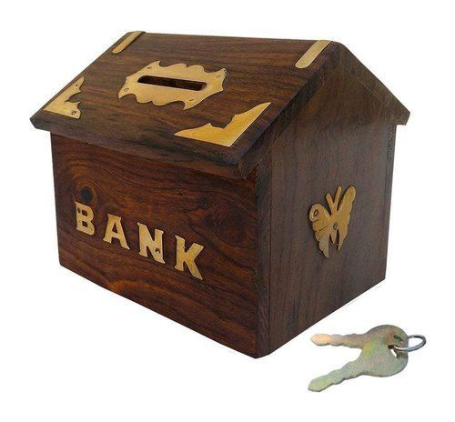 Hut Shape Brown Wooden Gullak Coin Box For Kids Money Bank