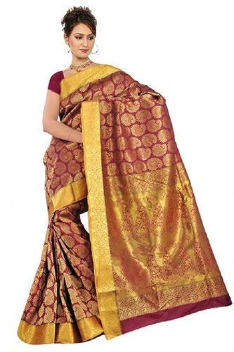 Winter Red And Yellow Printed Cotton Zari Work Silk Saree For Comfortable To Wear