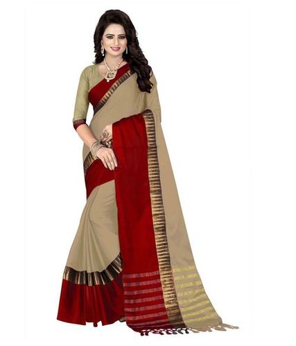 Summer Red And Yellow Zari Work Printed Cotton Silk Saree For Party Wear Comfortable
