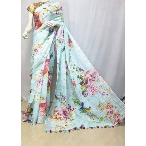 Sea Green And Flora Printed Cotton Designer Saree With Stylish Texture