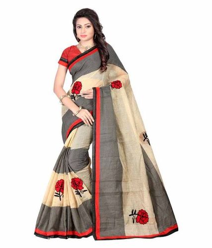 Cotton Silk Saree - Handwoven, Three-Color Blend of Red, Yellow and Grey | Lightweight, Alluring Texture, Perfect for Any Occasion