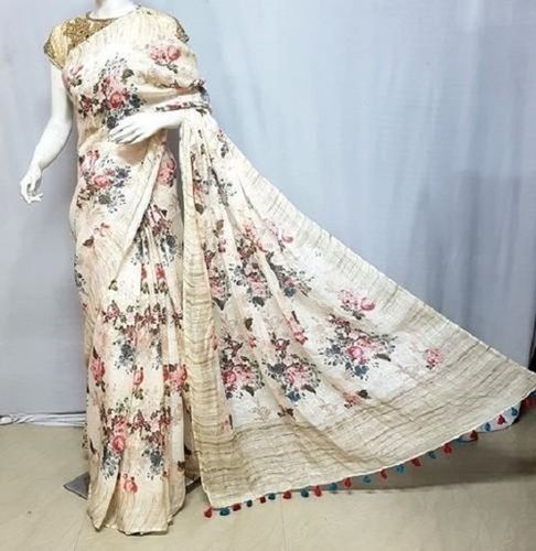 White And Red Flower Printed Cotton Silk Designer Saree With Stylish Texture