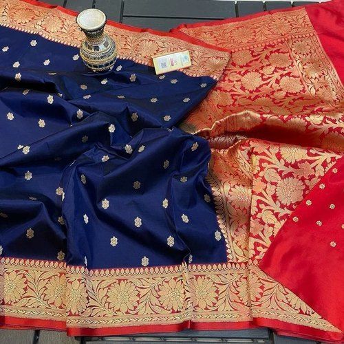 Dark Blue With Red Broder Multicolor Wedding Wear Ladies Art Silk Saree Xenanarkali