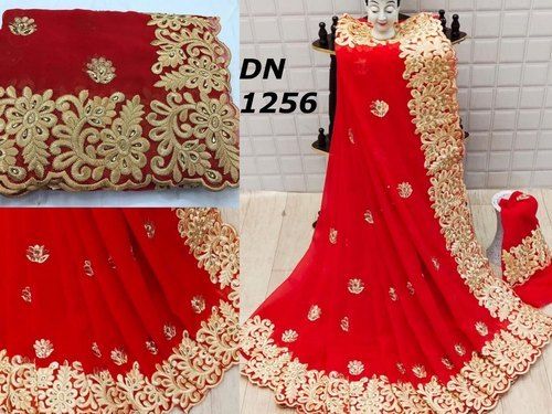 Red Women'S Fashion With Unstitched Blouse Piece Embroidery Design Saree 