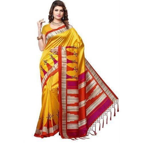 Summer Yellow And Red Pallu Zari Work Printed Cotton Saree For Daily And Party Wear