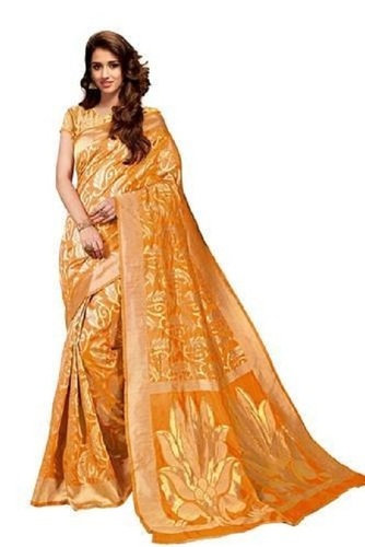 Spring Yellow And White Zari Work Printed Cotton Saree For Daily And Party Wear