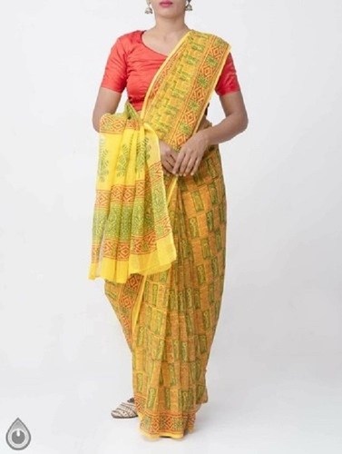 स्टाइलिश वर्सेटाइल पहनने के लिए आरामदायक पहनने के लिए हाथ से बुनी हुई पीले रंग की प्रिंटेड कॉटन साड़ी
