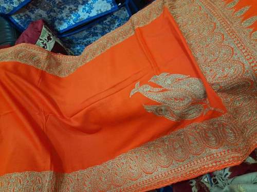 Orange Ladies Heavy Machine Embroidery Neemdoar Shawls For Party Wear