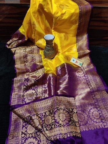 Kachhi Kathiawari work on BD Cotton Saree of yellow and purple combo -  Rapurnas