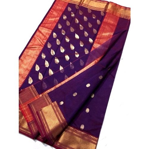 Cotton Saree - 100% Pure Cotton Silk Fabric, Golden Purple Color, Perfect for Party Wear, Features Intricate Patch Work and Lightweight Design